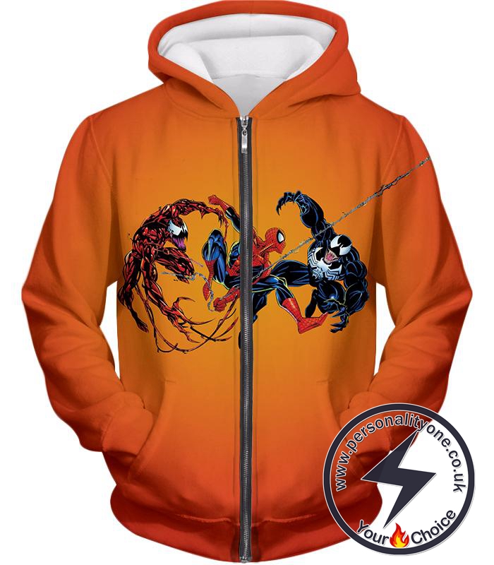 Spiderman x Carnage x Venom Cool Action Orange Zip Up Hoodie